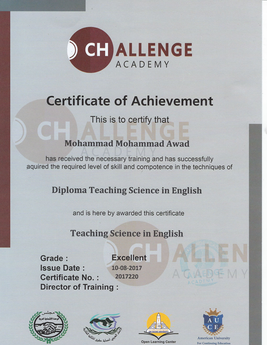 حاصل علي دبلومة تدريس العلوم باللغة الانجليزية والمعتمدة من CHALLENGE ACADEMY بتقدير امتياز